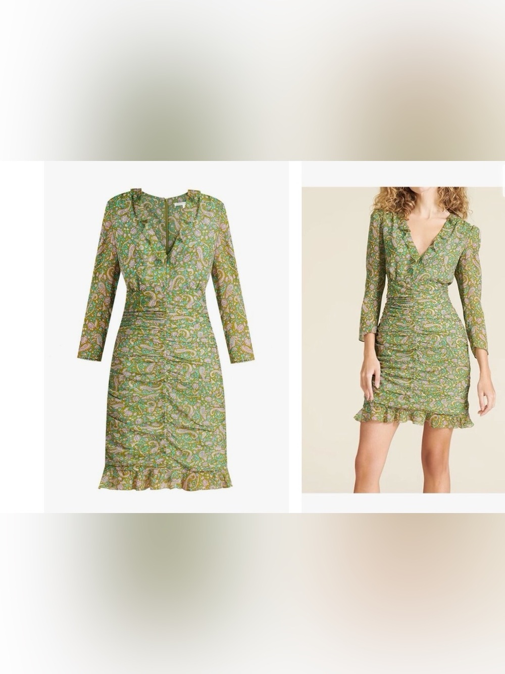 Green Paisley Ruffle V-Neck Ruched Dress - Picture 2 of 3